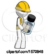 White Construction Worker Contractor Man Holding Glass Medicine Bottle
