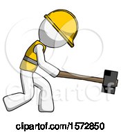 Poster, Art Print Of White Construction Worker Contractor Man Hitting With Sledgehammer Or Smashing Something