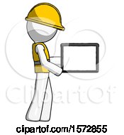 Poster, Art Print Of White Construction Worker Contractor Man Show Tablet Device Computer To Viewer Blank Area