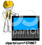 Poster, Art Print Of White Construction Worker Contractor Man Beside Large Laptop Computer Leaning Against It