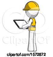 Poster, Art Print Of White Construction Worker Contractor Man Looking At Tablet Device Computer With Back To Viewer