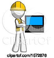 White Construction Worker Contractor Man Holding Laptop Computer Presenting Something On Screen