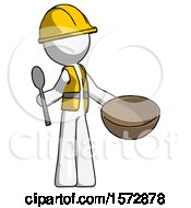 White Construction Worker Contractor Man With Empty Bowl And Spoon Ready To Make Something