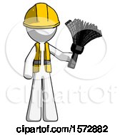 White Construction Worker Contractor Man Holding Feather Duster Facing Forward