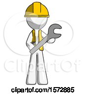 White Construction Worker Contractor Man Holding Large Wrench With Both Hands