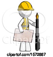 Poster, Art Print Of White Construction Worker Contractor Man Holding Large Envelope And Calligraphy Pen