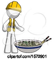 Poster, Art Print Of White Construction Worker Contractor Man And Noodle Bowl Giant Soup Restaraunt Concept