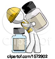 Poster, Art Print Of White Construction Worker Contractor Man Holding Large White Medicine Bottle With Bottle In Background