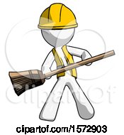 Poster, Art Print Of White Construction Worker Contractor Man Broom Fighter Defense Pose