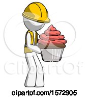 Poster, Art Print Of White Construction Worker Contractor Man Holding Large Cupcake Ready To Eat Or Serve