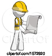 Poster, Art Print Of White Construction Worker Contractor Man Holding Blueprints Or Scroll