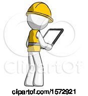 Poster, Art Print Of White Construction Worker Contractor Man Looking At Tablet Device Computer Facing Away