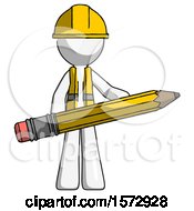 Poster, Art Print Of White Construction Worker Contractor Man Writer Or Blogger Holding Large Pencil
