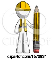 Poster, Art Print Of White Construction Worker Contractor Man With Large Pencil Standing Ready To Write