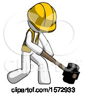 Poster, Art Print Of White Construction Worker Contractor Man Hitting With Sledgehammer Or Smashing Something At Angle