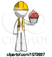 Poster, Art Print Of White Construction Worker Contractor Man Presenting Pink Cupcake To Viewer