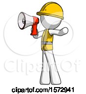 Poster, Art Print Of White Construction Worker Contractor Man Shouting Into Megaphone Bullhorn Facing Left