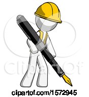 Poster, Art Print Of White Construction Worker Contractor Man Drawing Or Writing With Large Calligraphy Pen