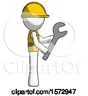 Poster, Art Print Of White Construction Worker Contractor Man Using Wrench Adjusting Something To Right