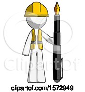 Poster, Art Print Of White Construction Worker Contractor Man Holding Giant Calligraphy Pen