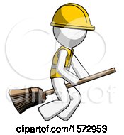 Poster, Art Print Of White Construction Worker Contractor Man Flying On Broom