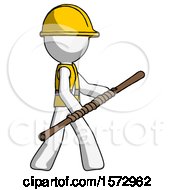 Poster, Art Print Of White Construction Worker Contractor Man Holding Bo Staff In Sideways Defense Pose