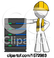 Poster, Art Print Of White Construction Worker Contractor Man With Server Rack Leaning Confidently Against It