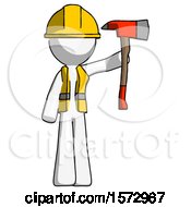 Poster, Art Print Of White Construction Worker Contractor Man Holding Up Red Firefighters Ax