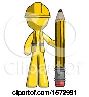 Yellow Construction Worker Contractor Man With Large Pencil Standing Ready To Write