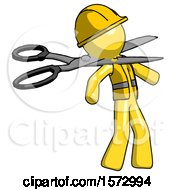 Poster, Art Print Of Yellow Construction Worker Contractor Man Scissor Beheading Office Worker Execution