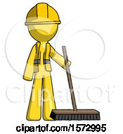 Poster, Art Print Of Yellow Construction Worker Contractor Man Standing With Industrial Broom