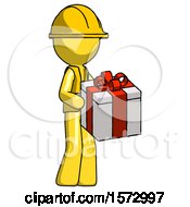 Poster, Art Print Of Yellow Construction Worker Contractor Man Giving A Present
