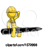 Poster, Art Print Of Yellow Construction Worker Contractor Man Riding A Pen Like A Giant Rocket