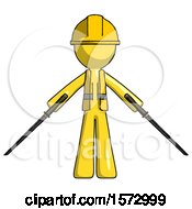 Poster, Art Print Of Yellow Construction Worker Contractor Man Posing With Two Ninja Sword Katanas