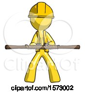 Poster, Art Print Of Yellow Construction Worker Contractor Man Bo Staff Kung Fu Defense Pose