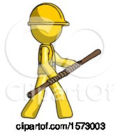Poster, Art Print Of Yellow Construction Worker Contractor Man Holding Bo Staff In Sideways Defense Pose