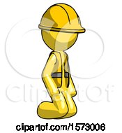 Yellow Construction Worker Contractor Man Kneeling Angle View Right