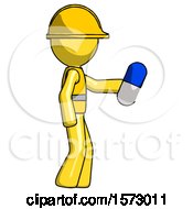 Poster, Art Print Of Yellow Construction Worker Contractor Man Holding Blue Pill Walking To Right