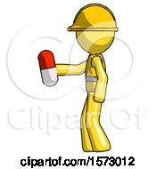 Poster, Art Print Of Yellow Construction Worker Contractor Man Holding Red Pill Walking To Left