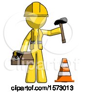 Poster, Art Print Of Yellow Construction Worker Contractor Man Under Construction Concept Traffic Cone And Tools