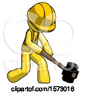Poster, Art Print Of Yellow Construction Worker Contractor Man Hitting With Sledgehammer Or Smashing Something At Angle