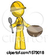 Poster, Art Print Of Yellow Construction Worker Contractor Man With Empty Bowl And Spoon Ready To Make Something