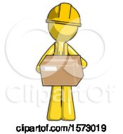 Poster, Art Print Of Yellow Construction Worker Contractor Man Holding Box Sent Or Arriving In Mail