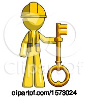 Poster, Art Print Of Yellow Construction Worker Contractor Man Holding Key Made Of Gold