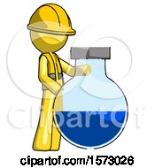 Poster, Art Print Of Yellow Construction Worker Contractor Man Standing Beside Large Round Flask Or Beaker