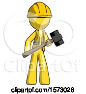 Poster, Art Print Of Yellow Construction Worker Contractor Man With Sledgehammer Standing Ready To Work Or Defend