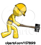 Poster, Art Print Of Yellow Construction Worker Contractor Man Hitting With Sledgehammer Or Smashing Something