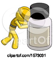 Yellow Construction Worker Contractor Man Pushing Large Medicine Bottle