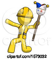 Poster, Art Print Of Yellow Construction Worker Contractor Man Holding Jester Staff Posing Charismatically