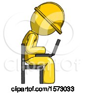 Poster, Art Print Of Yellow Construction Worker Contractor Man Using Laptop Computer While Sitting In Chair View From Side